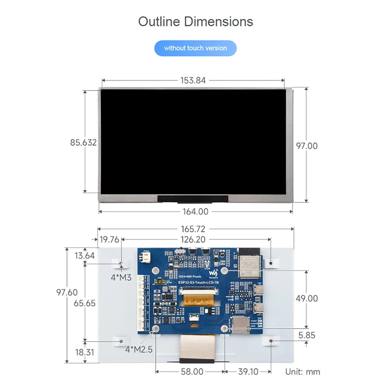 ESP32-S3 7 Inch 1024x600 IPS Screen Touch Display LX7 Dual-Core 16MB Flash WiFi BT5 Development Board for ESP32 GUI LVGL HMI