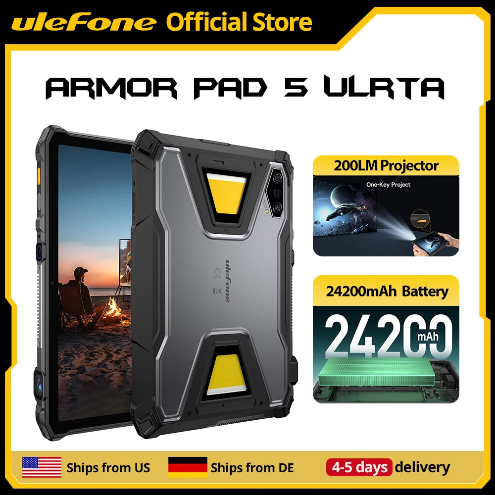 【Ships from US】Ulefone  Rugged Tablet Armor Pad 5 Ultra 5G, Portable Projector 200LM ,24200 mAh ,120W Up to 12GB +512GB ,Andro