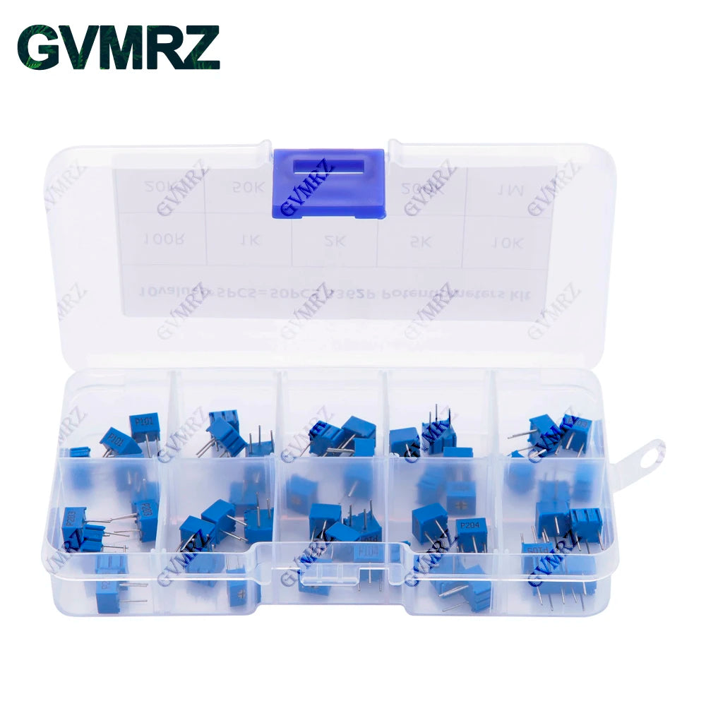 50PCS 3362P Multiturn Trimmer Potentiometer Kit 1K 2K 5K 10K 20K 50K 100K 200K 1M High Precision 3362 Variable Resistor Set