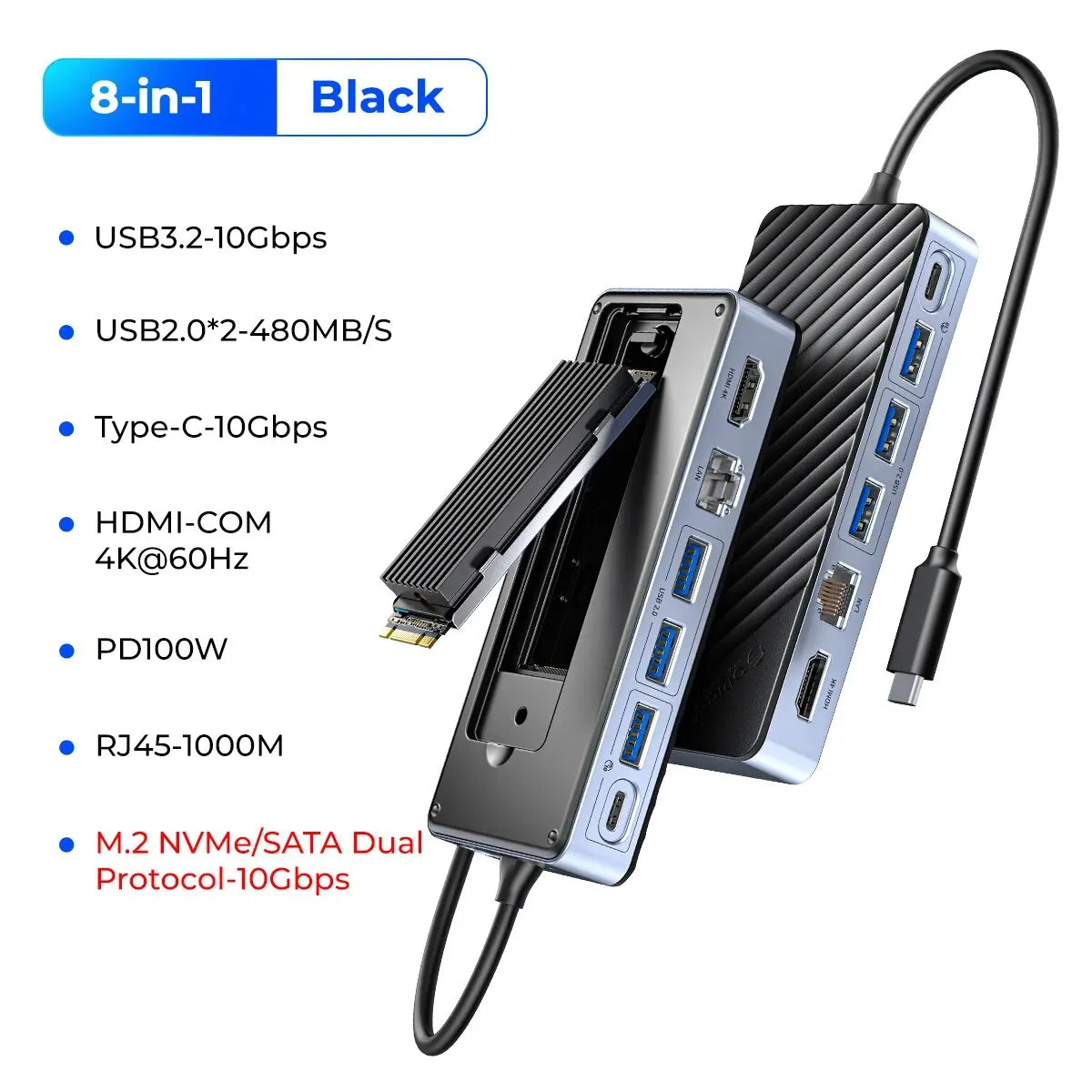 ORICO-USB C HUB with SSD Enclosure Laptop Docking Station 4K60Hz HDMI-Com 100W PD RJ45 SDTF 10Gbps M.2 NVME SATA SSD 8TB