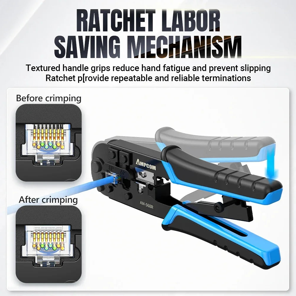 AMPCOM rj45 crimper RJ11 RJ45 Crimping Tool Ethernet Network LAN Cable Crimper Cutter Stripper Plier for 6P 8P RJ-11/RJ-12 RJ-45