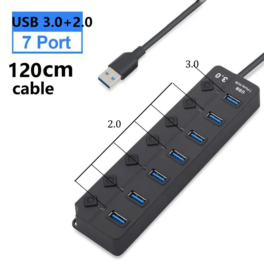 USB Hub 3.0 Multiprise USB High Speed Splitter 7 Port 5Gbps Hub Power Adapter with Switch Long Cable with Multiple Expander Hub