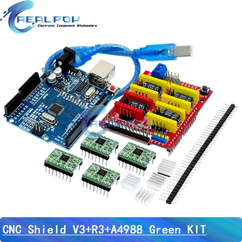 CNC Shield V3 Engraving Machine 3D Printer + 4pcs DRV8825 Or A4988 Driver Expansion Board For Arduino For UNO- R3 With USB Cable