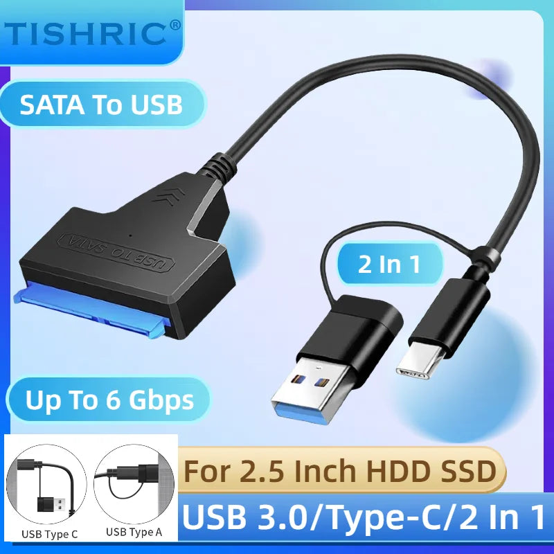SATA To USB 3.0/Type-C/2 In 1 USB3.0 Type-C Cable Up To 6 Gbps For 2.5 Inch External HDD SSD Hard Drive SATA 3 22 Pin Adapter
