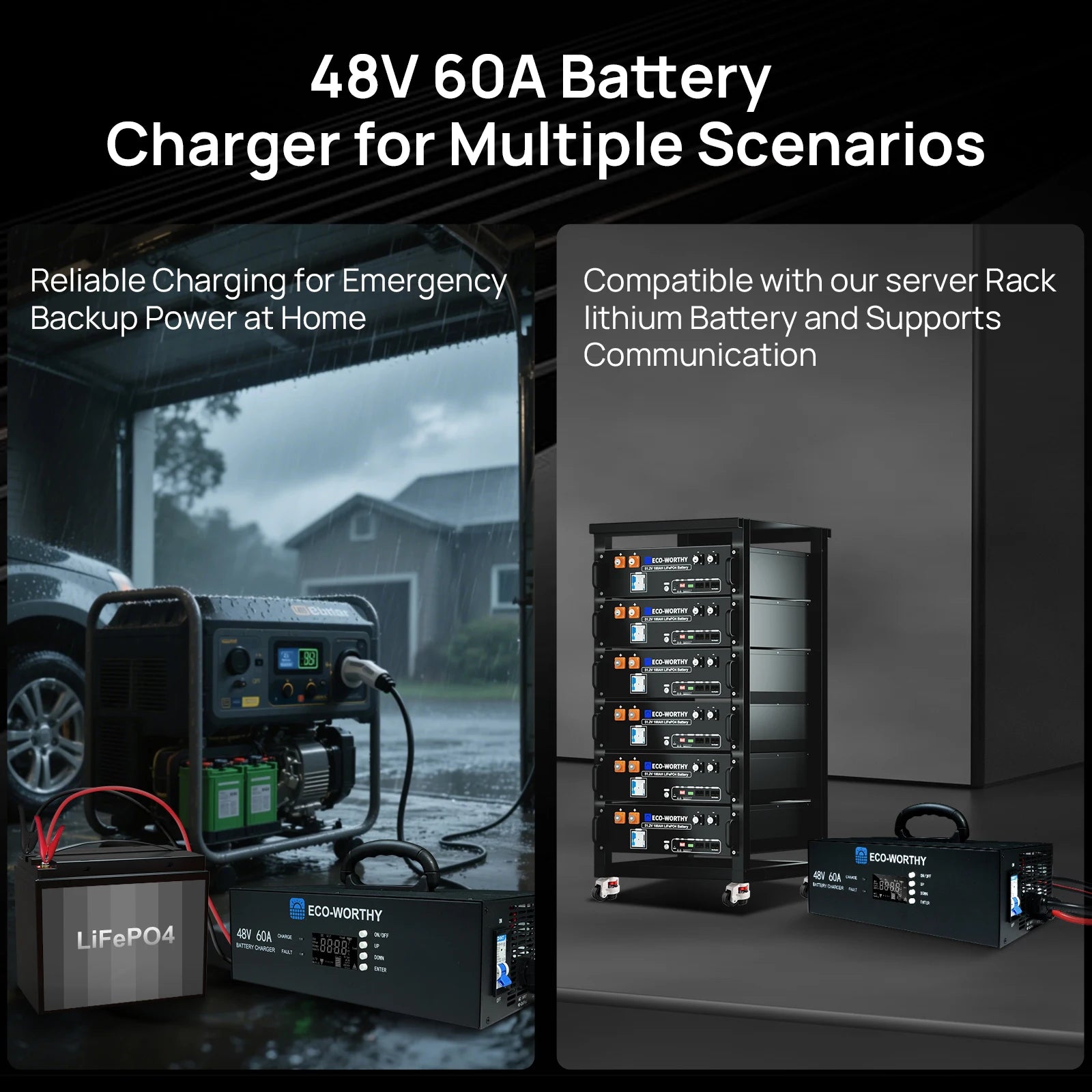 ECO-WORTHY Upgraded (Version 2) 48V 60A Lithium Battery Charger, Adjustable Voltage & Current, for Server Rack LiFePO4 Battery