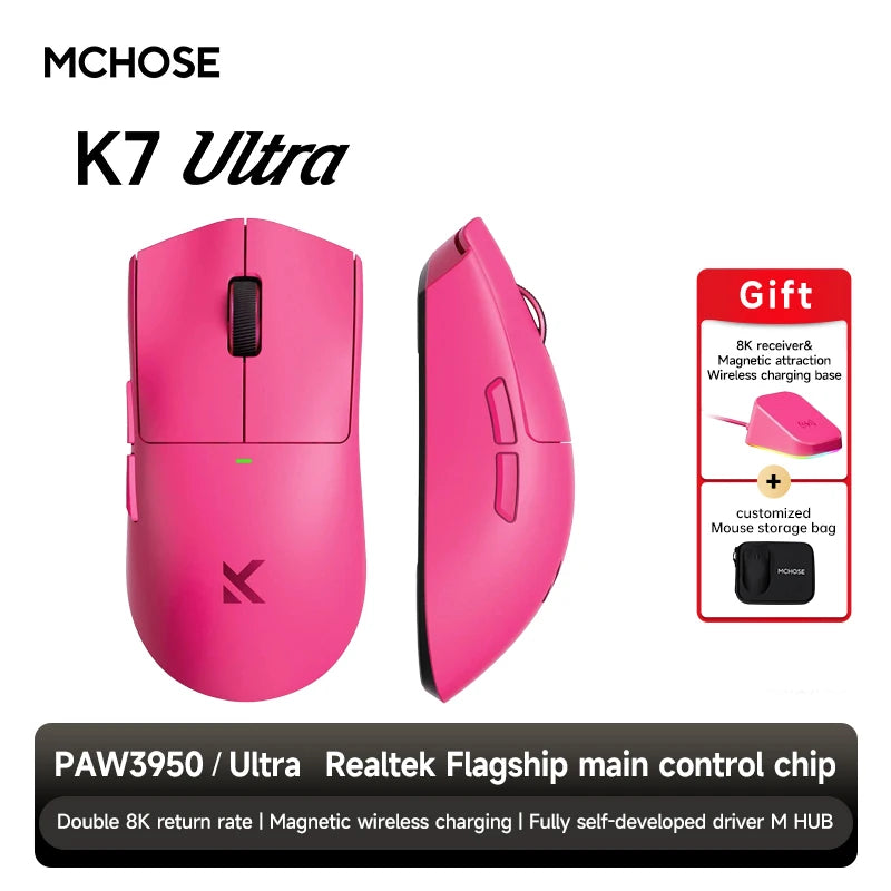 MCHOSE K7 Ultra Wireless Gaming Mouse PAW3950 Dual 8K Polling Rate Lightweight Magnetic Wireless Charging Dock Esports Office