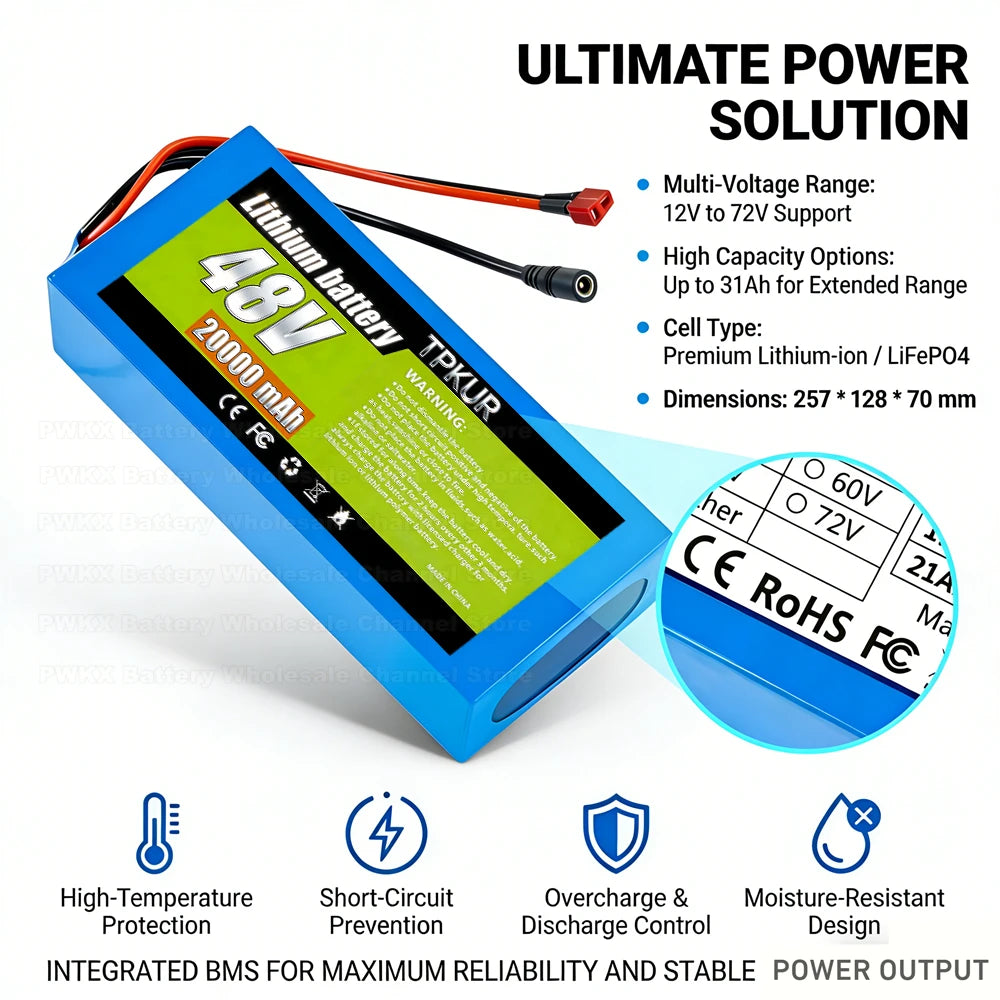 TPKUR 48V Rechargeable Lithium Battery 10Ah 12Ah 18Ah 20Ah 18650 with BMS Suitable for Electric Scoote Motor System
