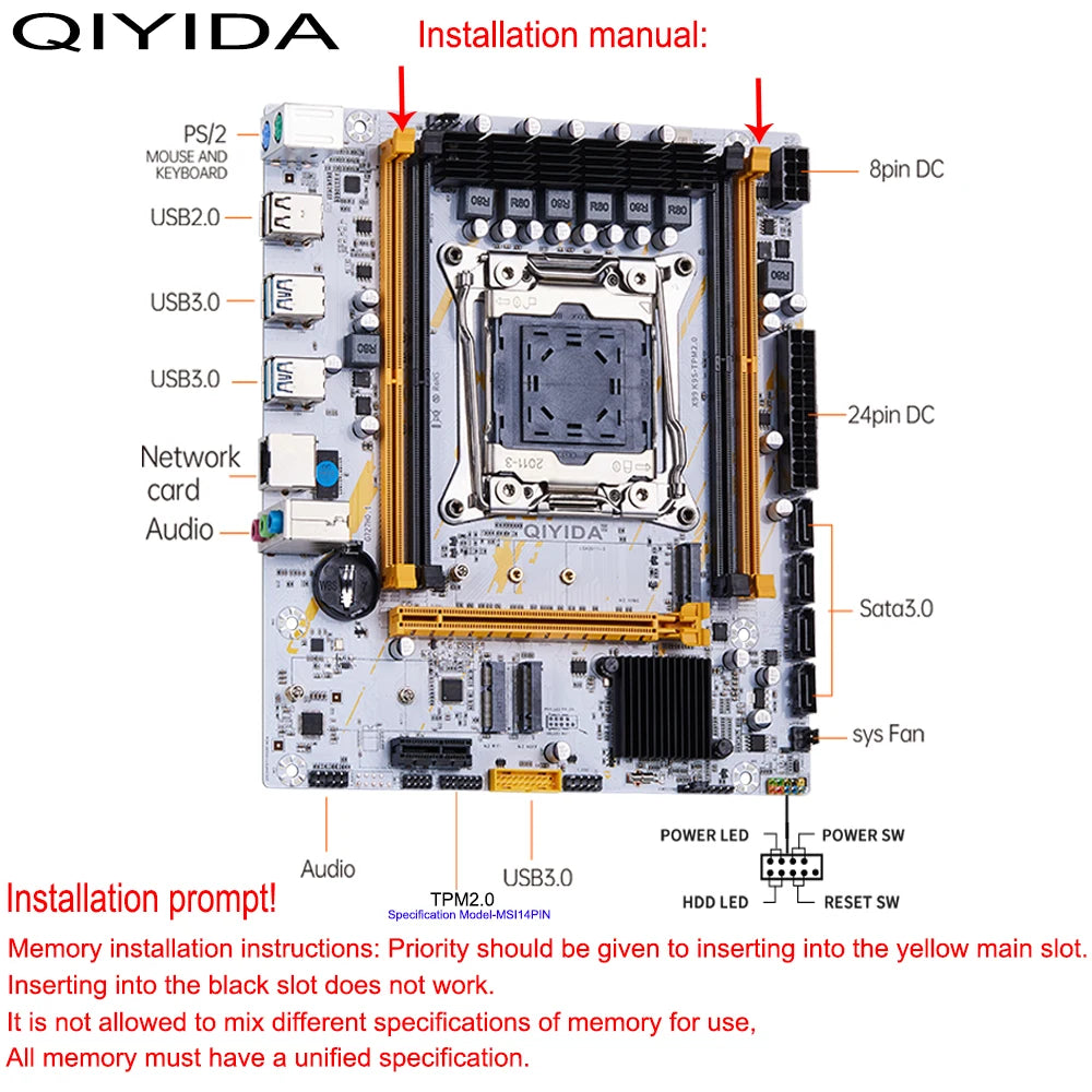 QIYIDA X99 motherboard LGA 2011 3 X99 C612chip with M.2 slot Support DDR4 Memory SATA3.0 USB3.0 PCI16X tpm2.0 msi14pin