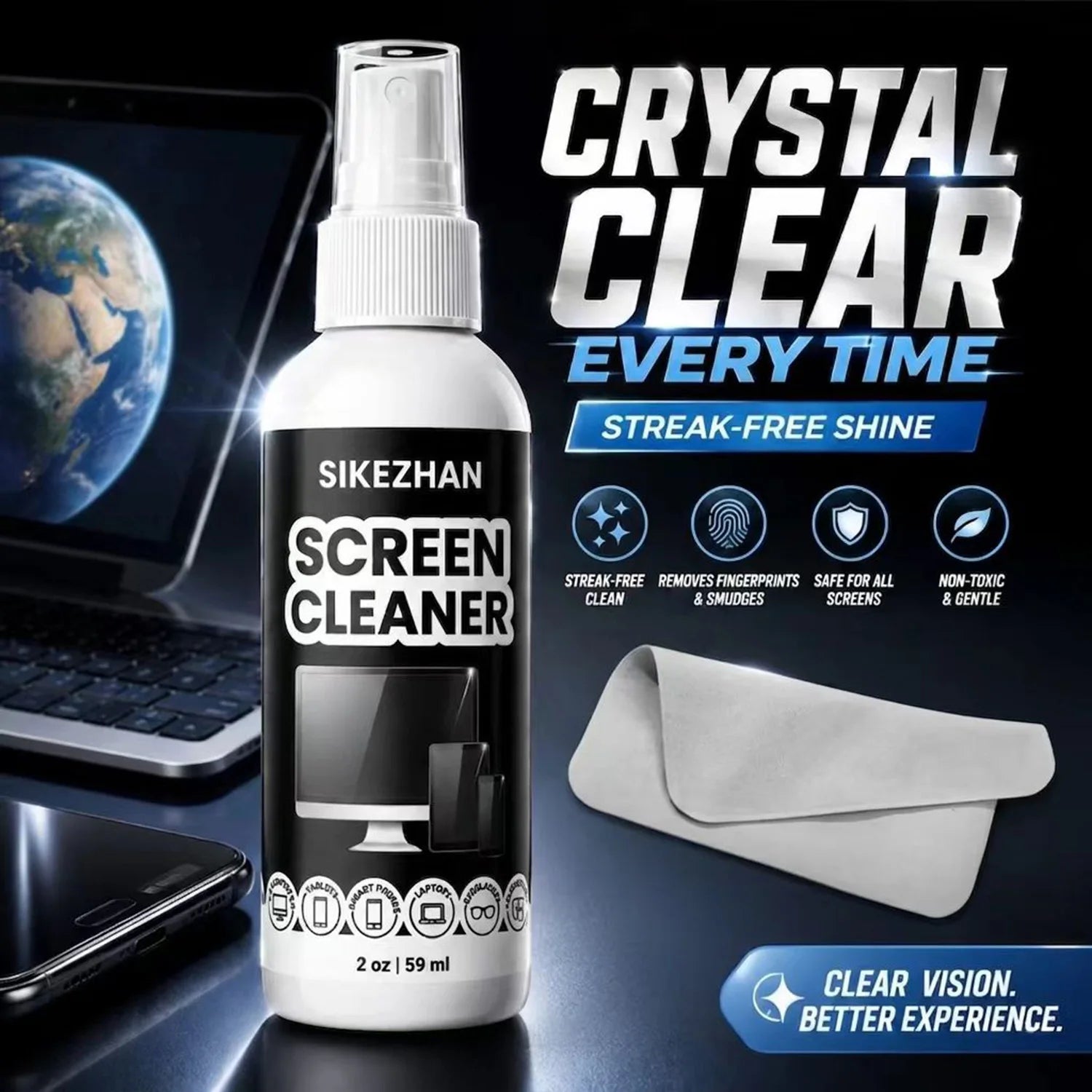 SIKEZHAN Screen Cleaner Spray 59ml with Cloth for Phone Laptop Monitor TV Glasses Tablet Dust Fingerprint Mist Cleaning Kit