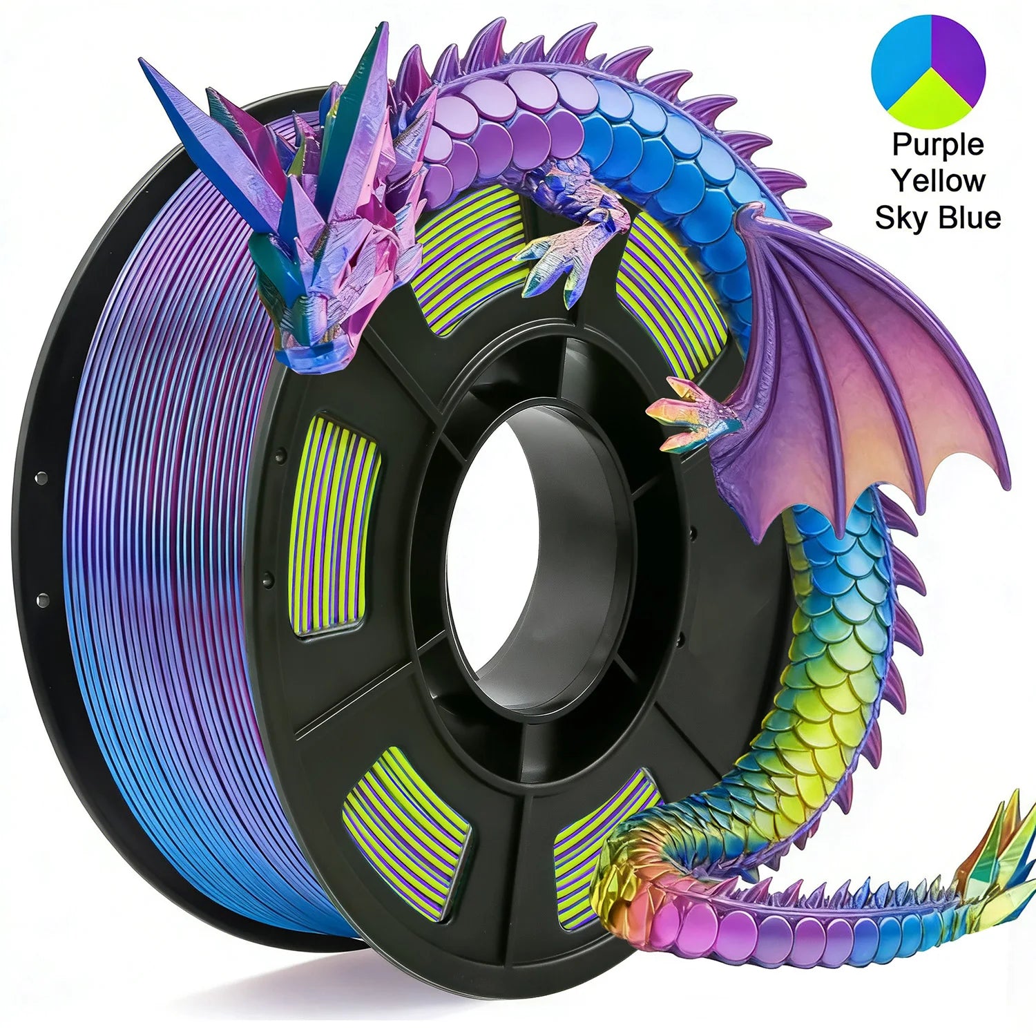 Tricolor Silk PLA 3D Printer Filament, 1.75mm Multicolor 3D Printing Filament, Purple&Sky Blue&Yellow Filament, 250g (0.55lbs)