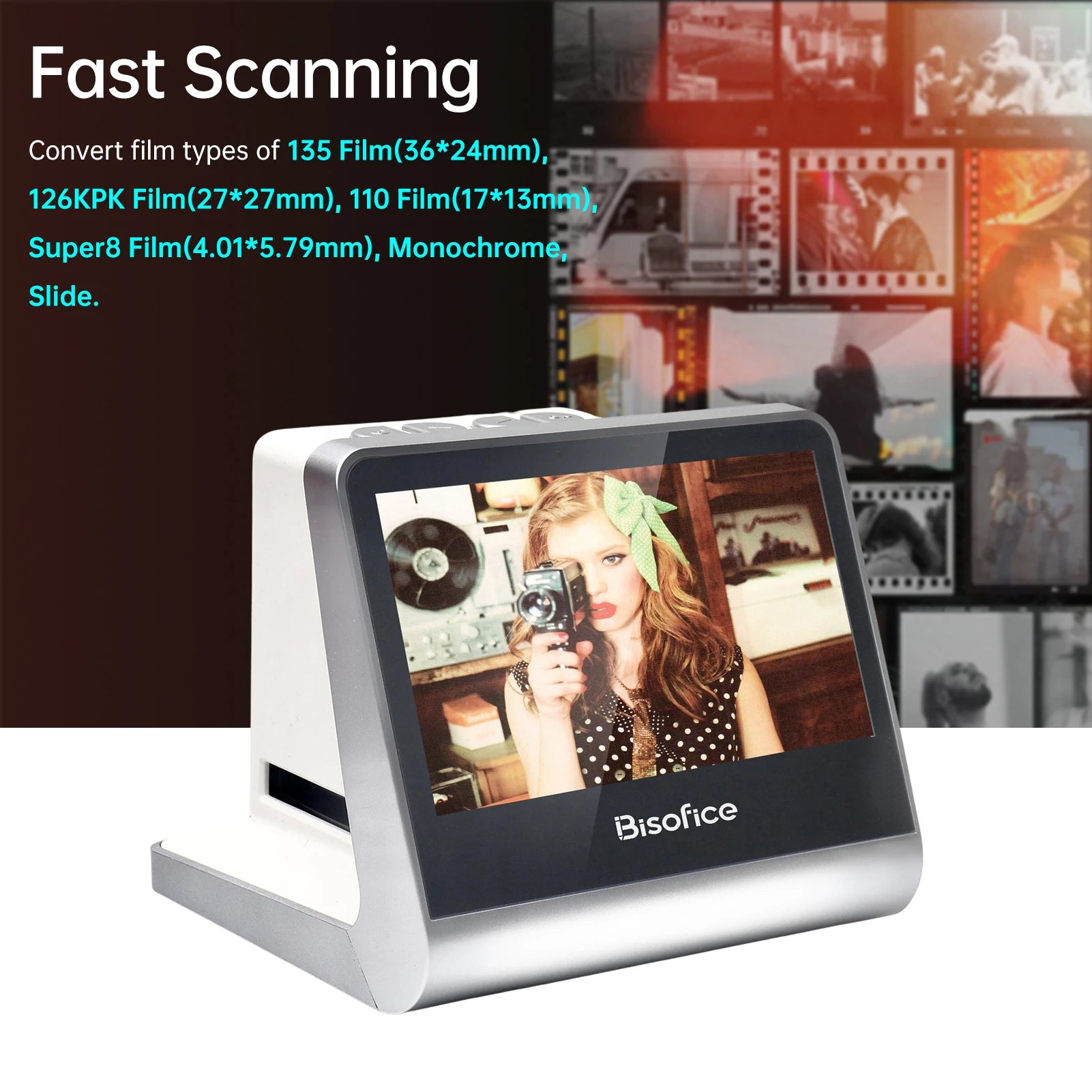 Bisofice Film and Slide Scanner 5'' LCD Screen for 135 Film/126KPK /110 Film/Super8/ Monochrome/Slide to Digital JPEG Photos