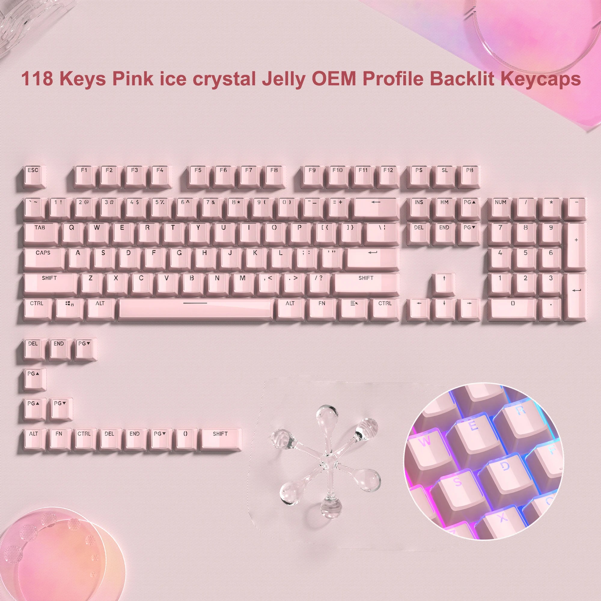 OEM Profile Pink Jello Crystal Keycap Translucent Clear Keyboard Keycap for Cherry Gateron MX Switches Mechanical Gamer Keyboard