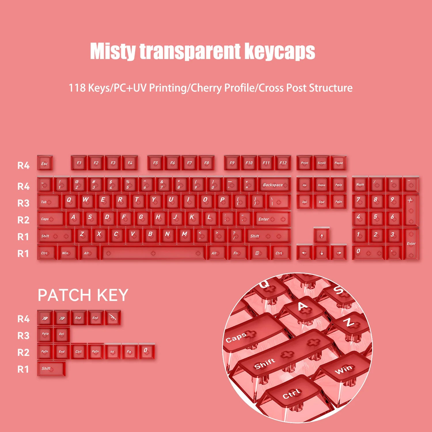 130 Keys Black Full Transparent PC Keycaps UV Printing Clear Crystal Key Caps Cherry Profile for MX Switches Gaming Keyboard