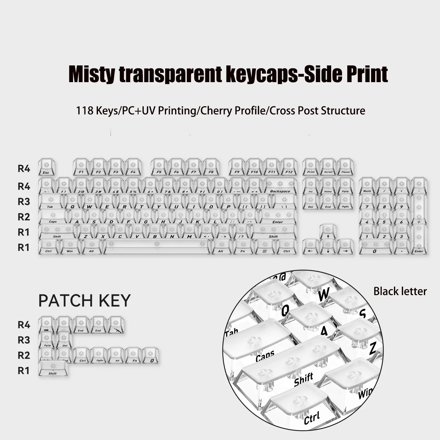 130 Keys Black Full Transparent PC Keycaps UV Printing Clear Crystal Key Caps Cherry Profile for MX Switches Gaming Keyboard