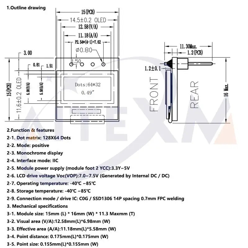 AITEXM 0.49 Inch OLED Display LCD Module White 0.49" Screen 64x32 I2C IIC Interface SSD1306 Driver for Arduino AVR STM32