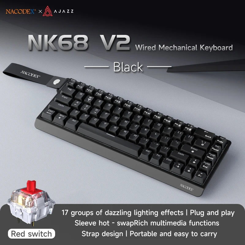 AJAZZ NK68 V2 Wired Mechanical Gaming Keyboard, Red Switch, Full Hot-Swappable, RGB Streamer Light, 68 Keys for Gaming & Office