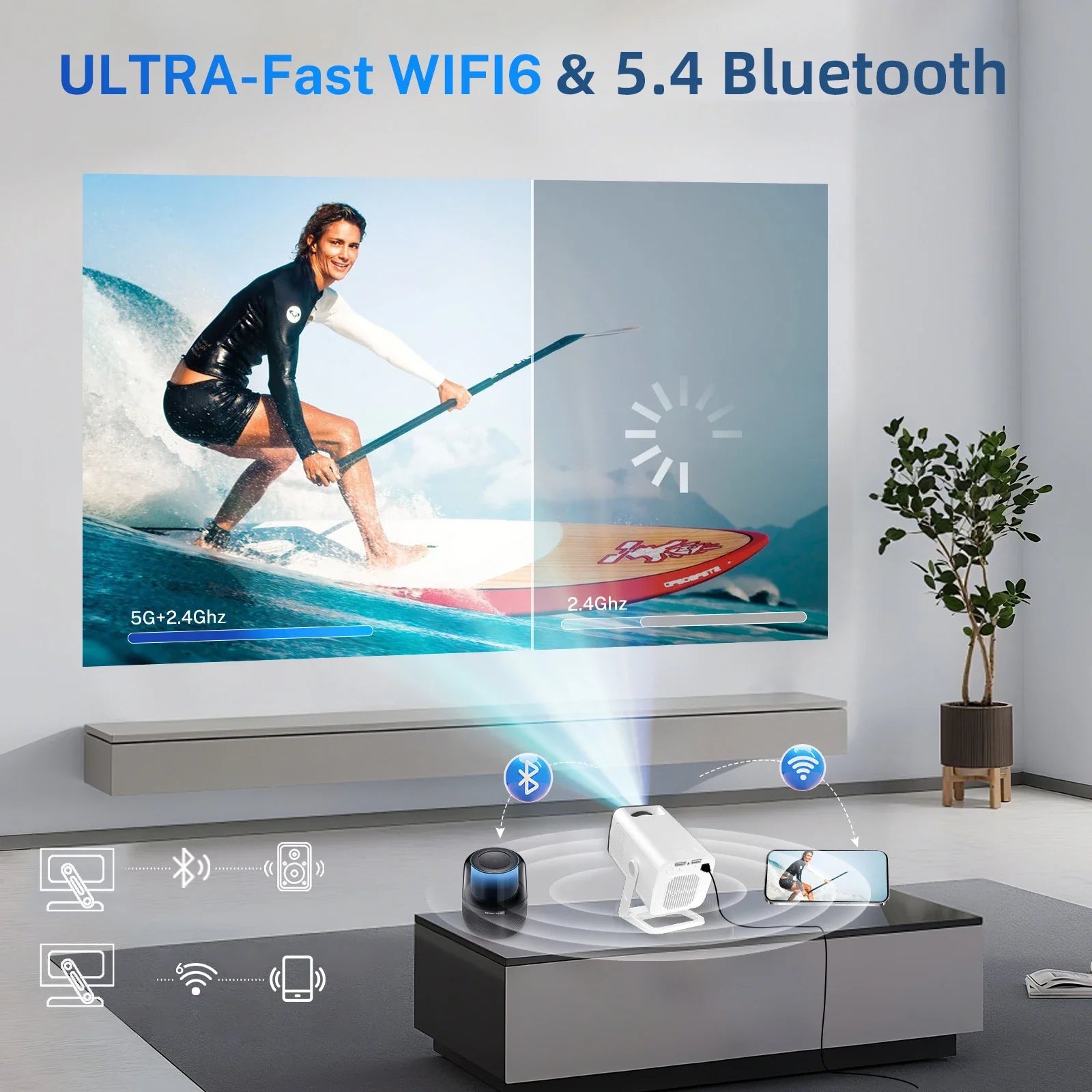 Smart Mini Projector 1080P 4K Support with WiFi 6 & BT 5.4 Built-in Apps Android TV Auto Keystone 180° Rotation Outdoor Beamer