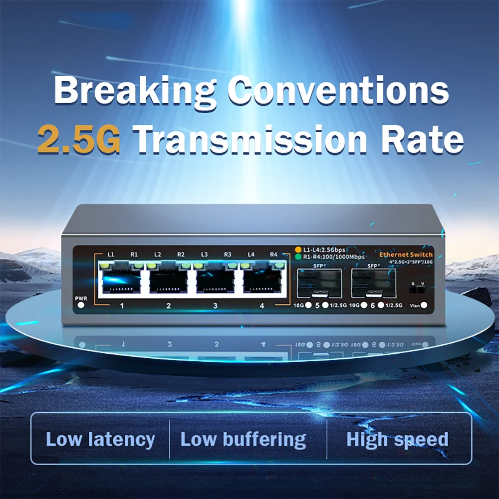 2.5Gbps Network Switch 4+2 Port 2500Mbps Ethernet Switcher 2 Port 10G SFP+ Slot