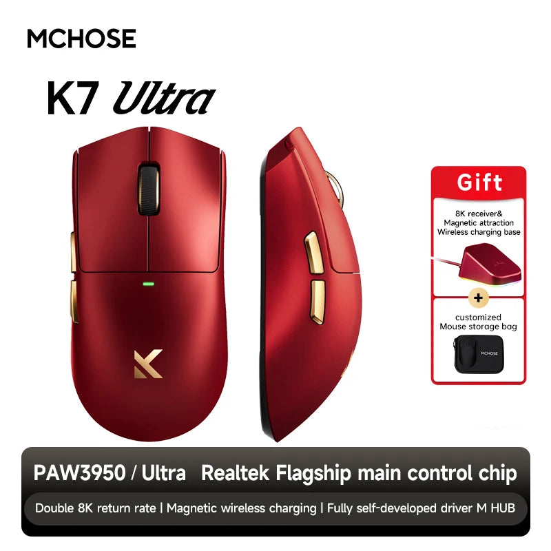 MCHOSE K7 Ultra Wireless Gaming Mouse PAW3950 Dual 8K Polling Rate Lightweight Magnetic Wireless Charging Dock Esports Office