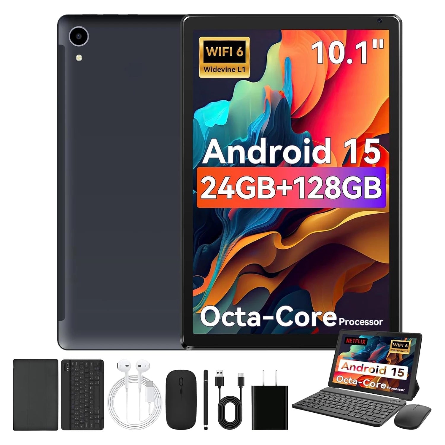 10 Inch Android 15 Tablet 8 Core Tablets 24(4+20)GB+128GB 1TB Expansion WiFi6 5MP+8MP Stylus Keyboard Mouse Headphone PC PAD Set