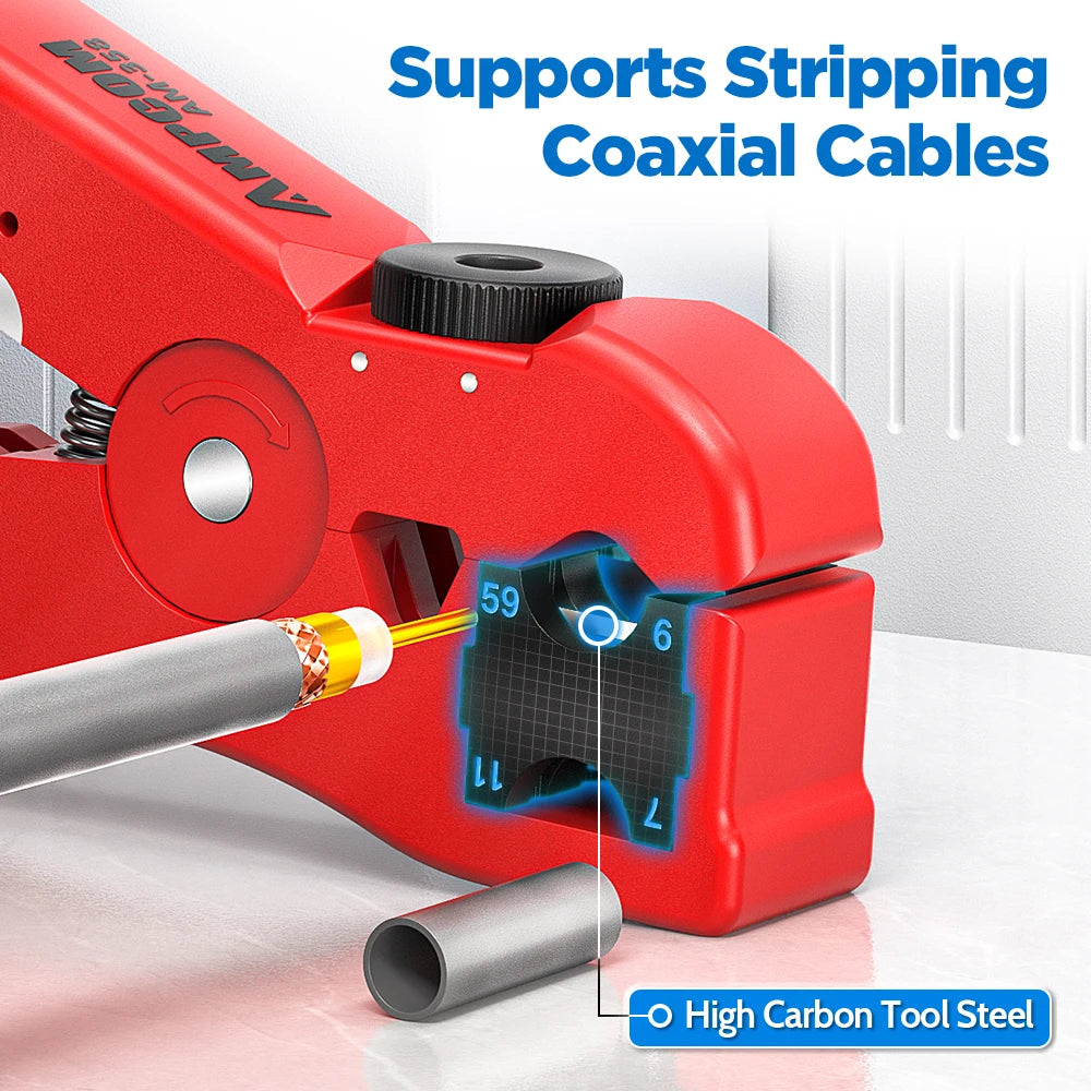 AMPCOM Multi-Function Cable Stripper Tool for Coaxial/Round/Flat Wires, Wire Stripper & Cutter with Compression