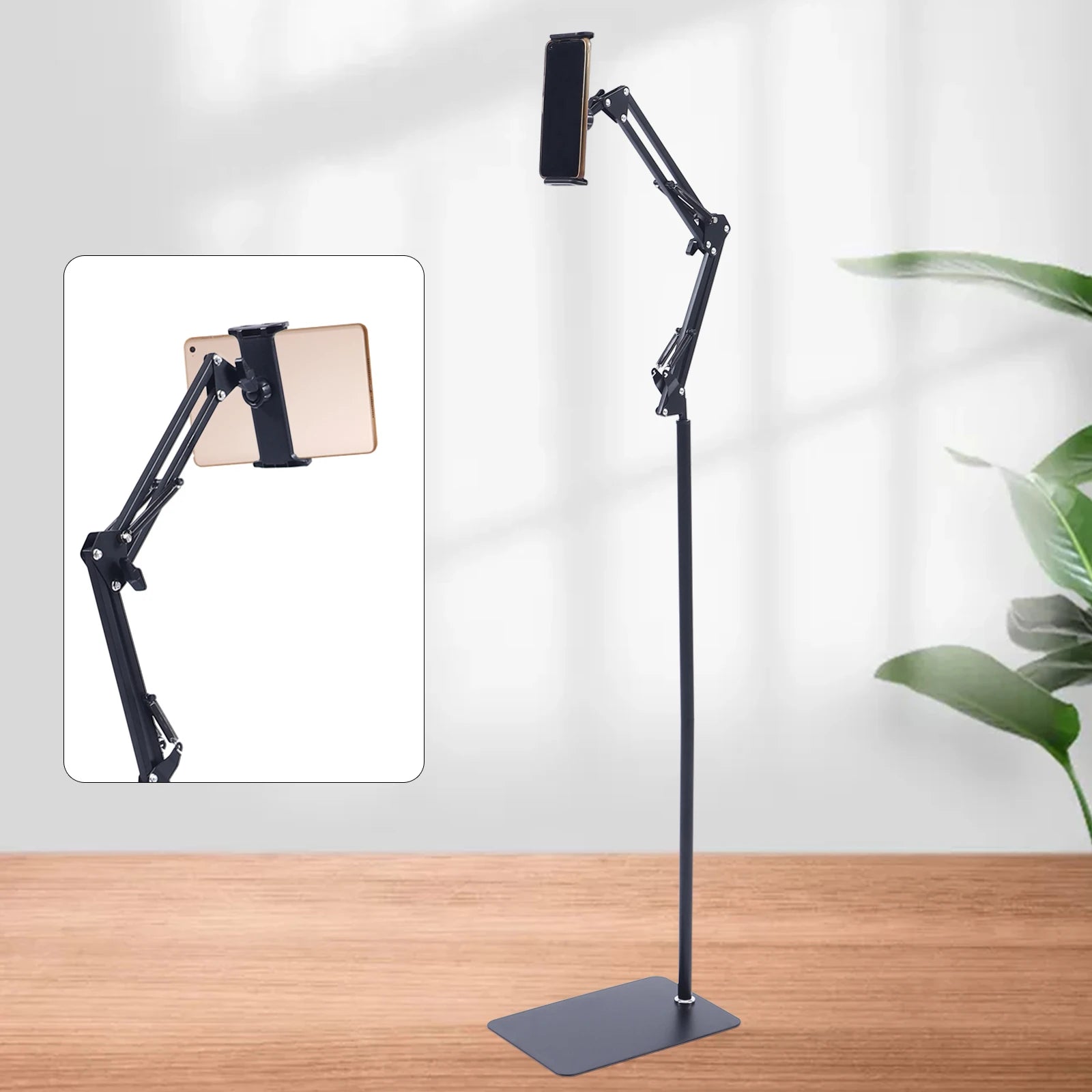 Tablet Floor Stand, 360° Swivel Adjustable Height & Angle, Heavy Duty Carbon Steel, Non-Slip Base, Portable & Foldable, Universal Holder for 12-18cm Phones & Tablets, for Home Office Kitchen Gym Bedroom, Easy Assembly