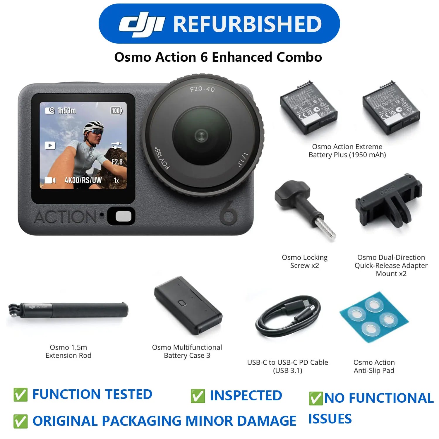 Open Box-DJI Osmo Action 4,Action 5,Action 6 Combo 8K Action Camera 1/1.1" Square Sensor Variable Aperture F/2.0-f/4.0 Rocksteady 3.0 Cold-Resistant 4hrs Battery 50GB Storage Vlogging Camera