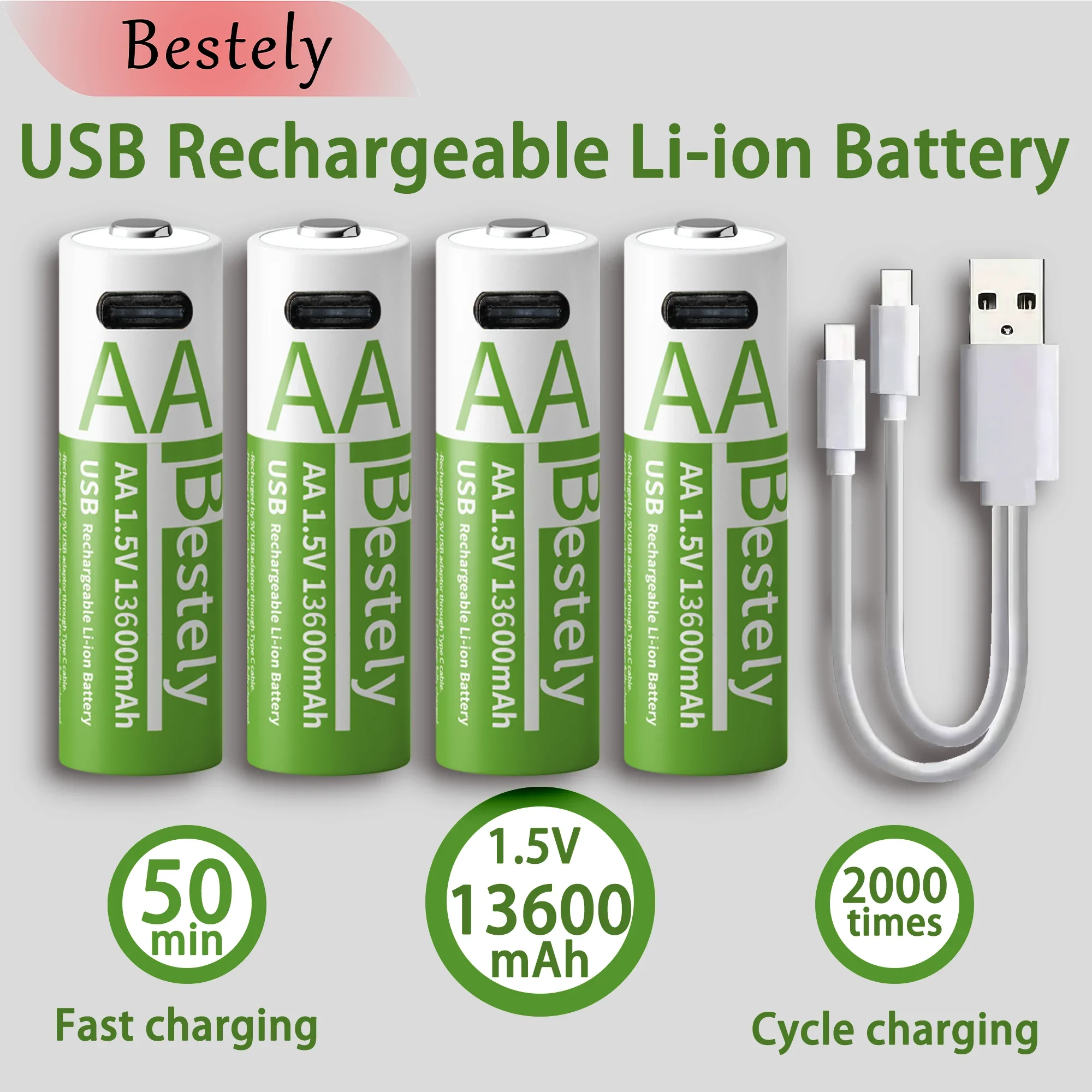 Latest Rechargeable 1.5V AA 13600mAh USB Lithium Battery , Fast Charging Li-ion AA Battery  , 2000 Cycle with USB- C Port Cables