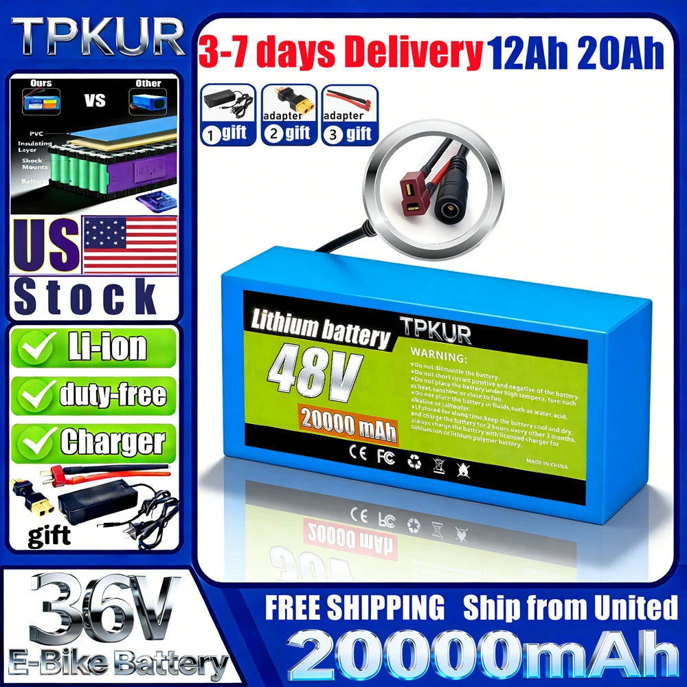 TPKUR 48V Rechargeable Lithium Battery 10Ah 12Ah 18Ah 20Ah 18650 with BMS Suitable for Electric Scoote Motor System
