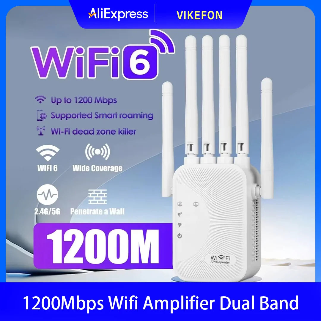 Upgraded Wifi Extender 6 Antennas Dual Band 1200Mbps Through Wall Easy Setup For Home Office Bedroom Wireless Signal Booster Use