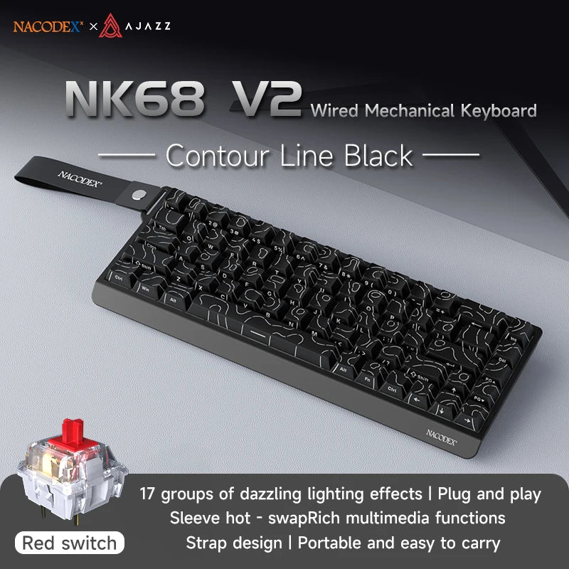 AJAZZ NK68 V2 Wired Mechanical Gaming Keyboard, Red Switch, Full Hot-Swappable, RGB Streamer Light, 68 Keys for Gaming & Office