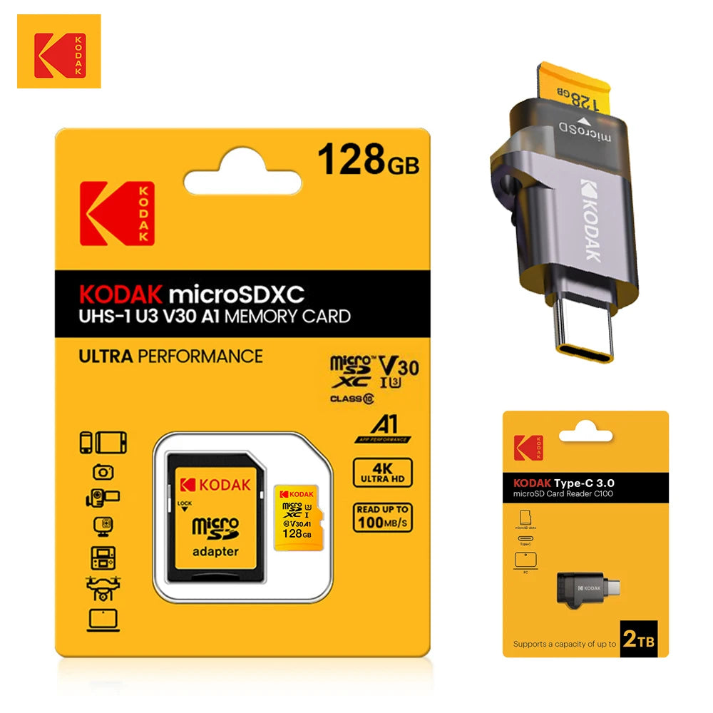 KODAK Micro SD Card 32GB 64GB 128GB V30 U3 4K Yellow for Dash Cam Driving Recorder TF Card