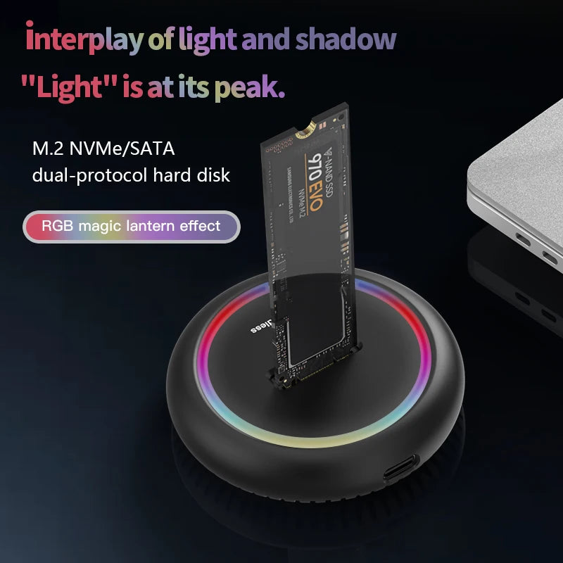 Blueendless Dual Protocol SSD M.2 Docking Station RGB LED Light M.2 SATA USB C SSD Case NVME+NGFF HDD SSD Docking Station Solid