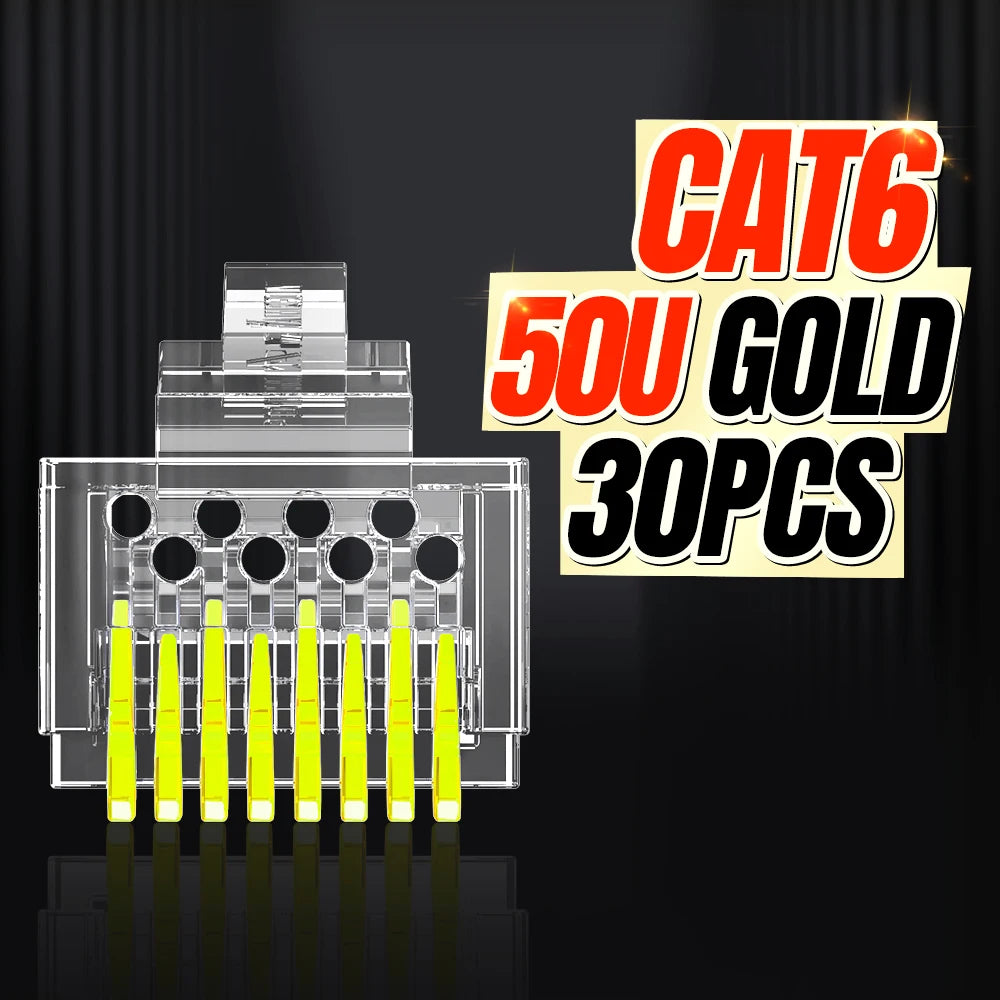AMPCOM RJ45 Connector Pass Through CAT6 CAT5E Modular Plug Network Ends UTP 3U 50u Gold Plated 8P8C Crimp End for Ethernet Cable
