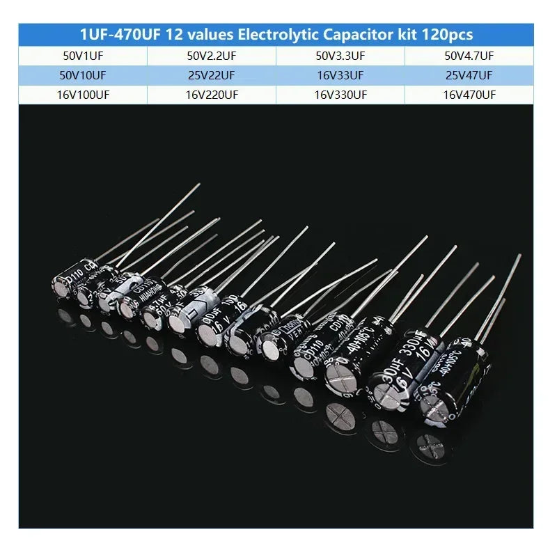 120PCS Electrolytic Capacitor Kit 16V 25V 50V 1uF-470uF Aluminum Electrolyte Capacitors - 12 Values DIP for Electronics Projects