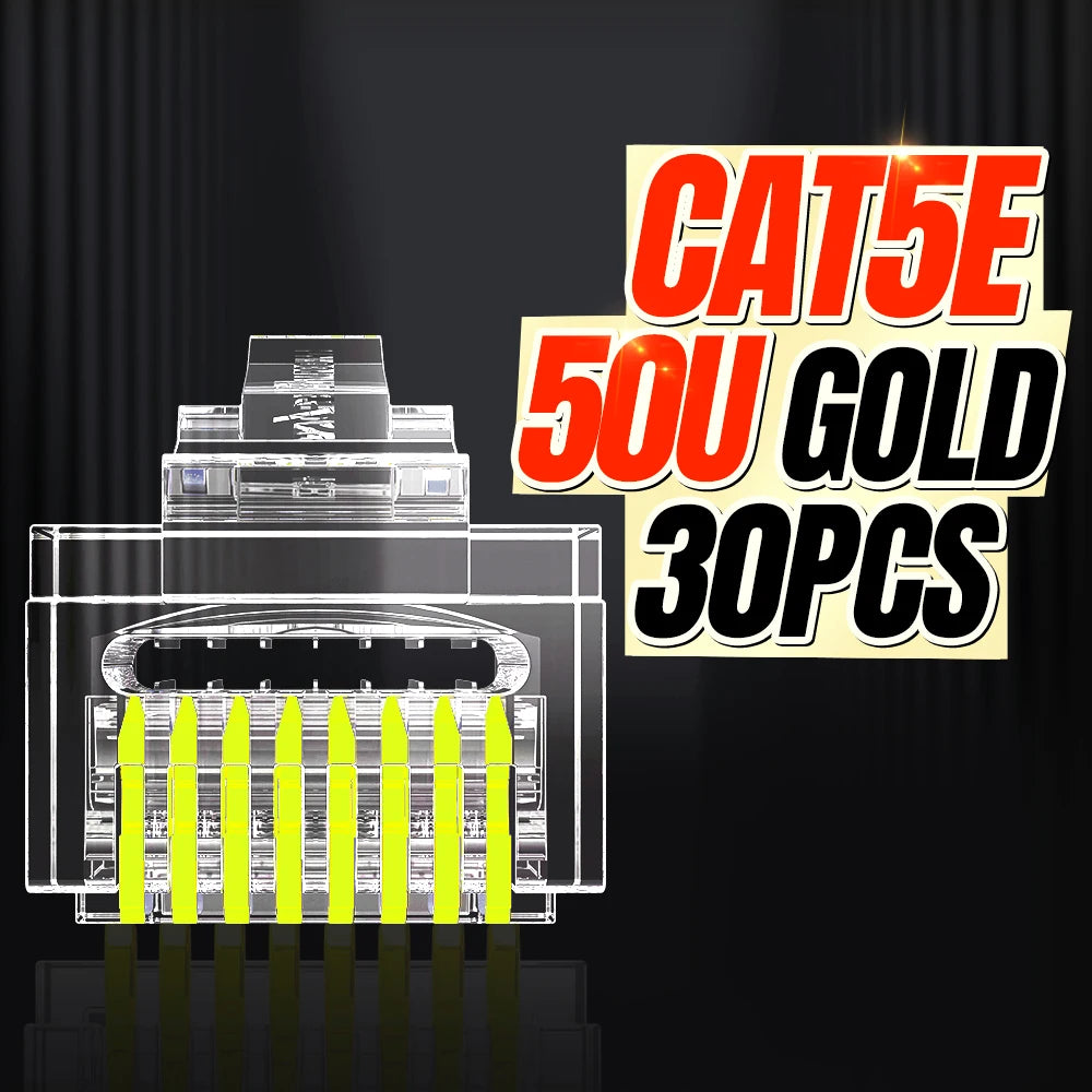 AMPCOM RJ45 Connector Pass Through CAT6 CAT5E Modular Plug Network Ends UTP 3U 50u Gold Plated 8P8C Crimp End for Ethernet Cable