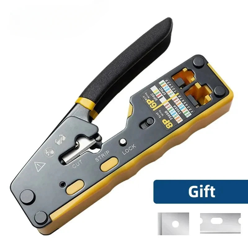 BEECHIP RJ45 Crimp Tool Pass Through Ethernet Crimping Tool for Cat6 Cat5 Cat5e RJ45 Connectors with Replacement Blade