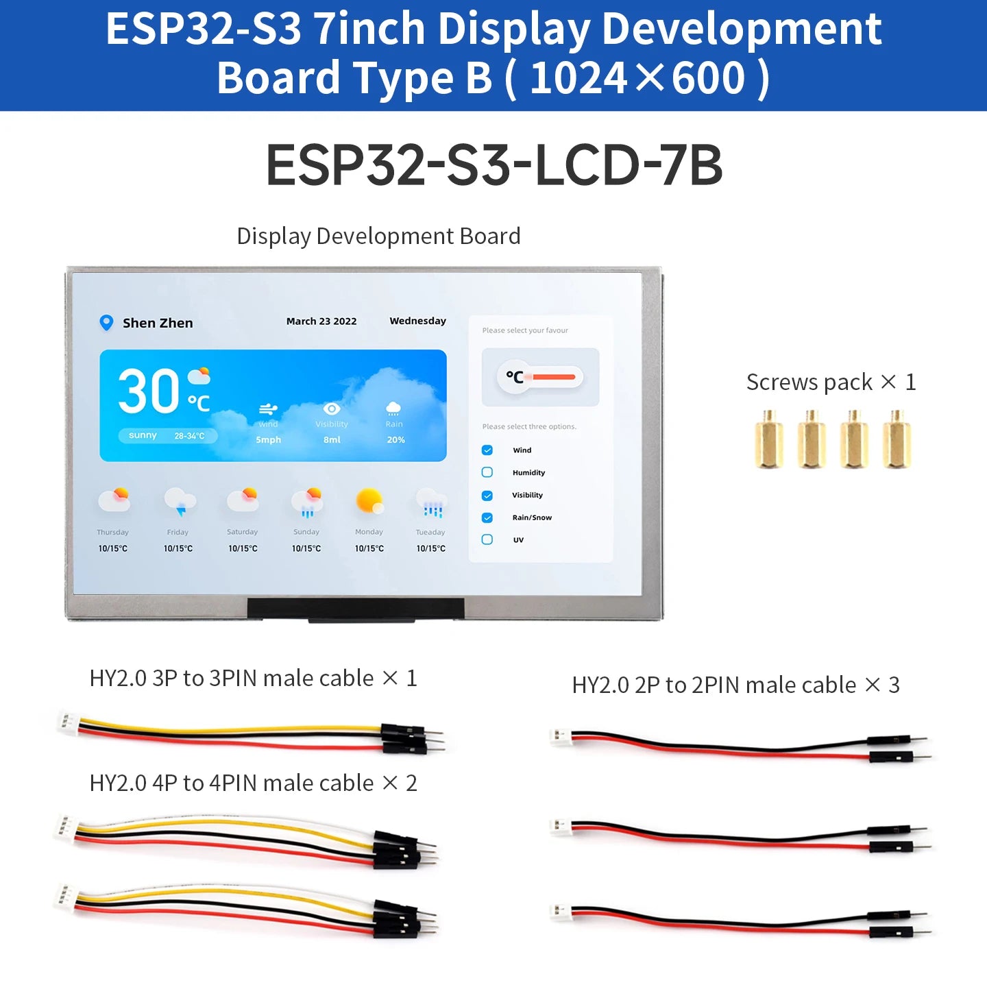 ESP32-S3 7 Inch 1024x600 IPS Screen Touch Display LX7 Dual-Core 16MB Flash WiFi BT5 Development Board for ESP32 GUI LVGL HMI