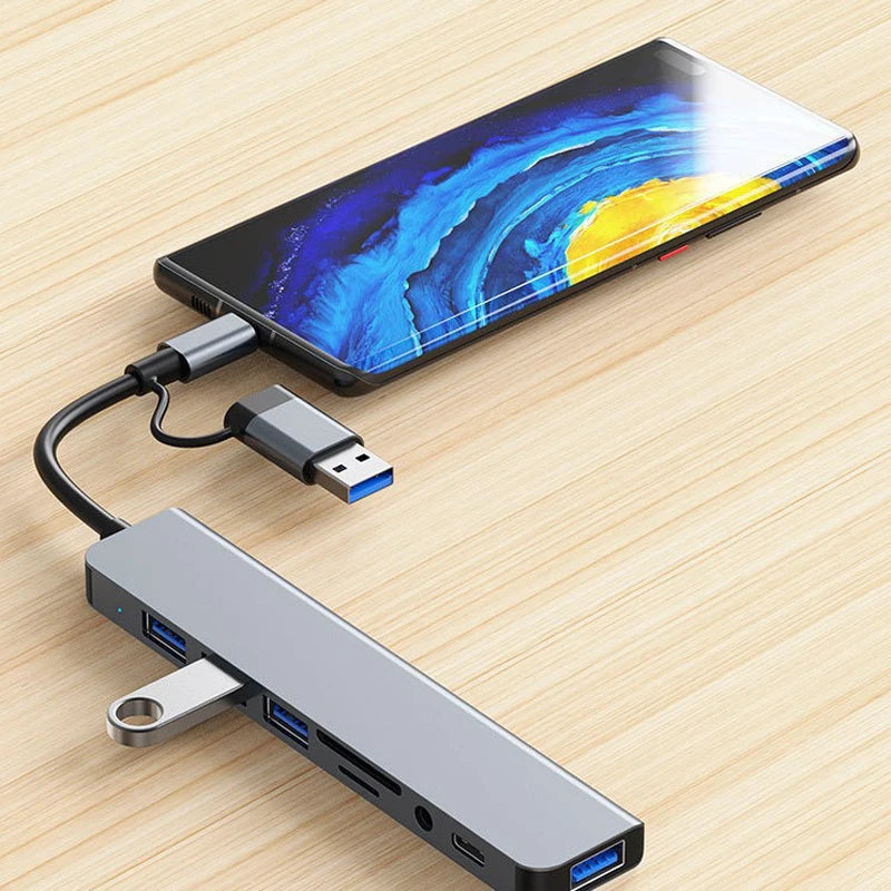 8-in-2 USB Type C Hub with 3.5mm Audio Jack, Micro SD Reader for Laptop/Tablet/Phone, Disk Converter Multi-Interface
