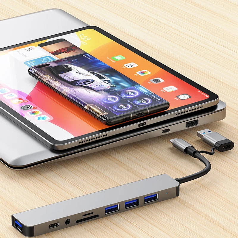8-in-2 USB Type C Hub with 3.5mm Audio Jack, Micro SD Reader for Laptop/Tablet/Phone, Disk Converter Multi-Interface