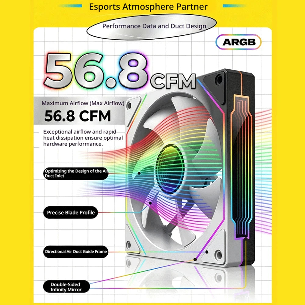 Veebyte PRISM 4 PRO Computer Chassis Fan 120mm 5V 3PIN ARGB 4 Pin PWM Quiet Cooling Fan 12V Large Air Volume 45.2CFM/600-1500RPM