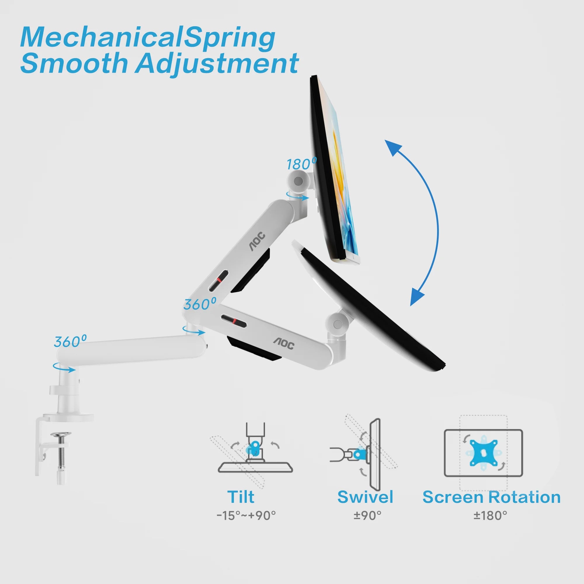 AOC AM406PLUS Premium Aluminum Adjustable Single Monitor Mount Desktop Bracket Display Arm Holder Desktop Clamp Stand Home Office Monitor Stand