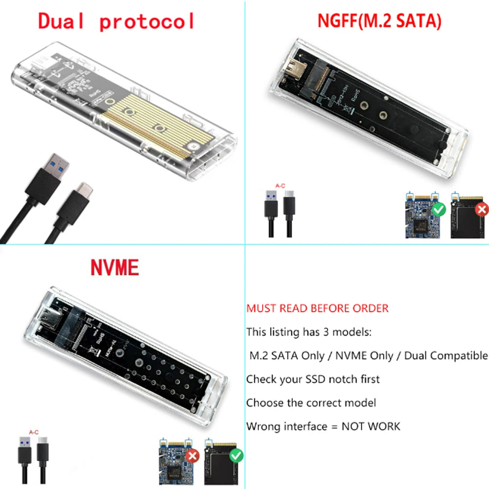 M.2 NVME PCIe NGFF SATA Dual Protocol SSD Case Clear USB Type C PCI-E M2 SSD Transparent External Enclosure Hard Disk Box
