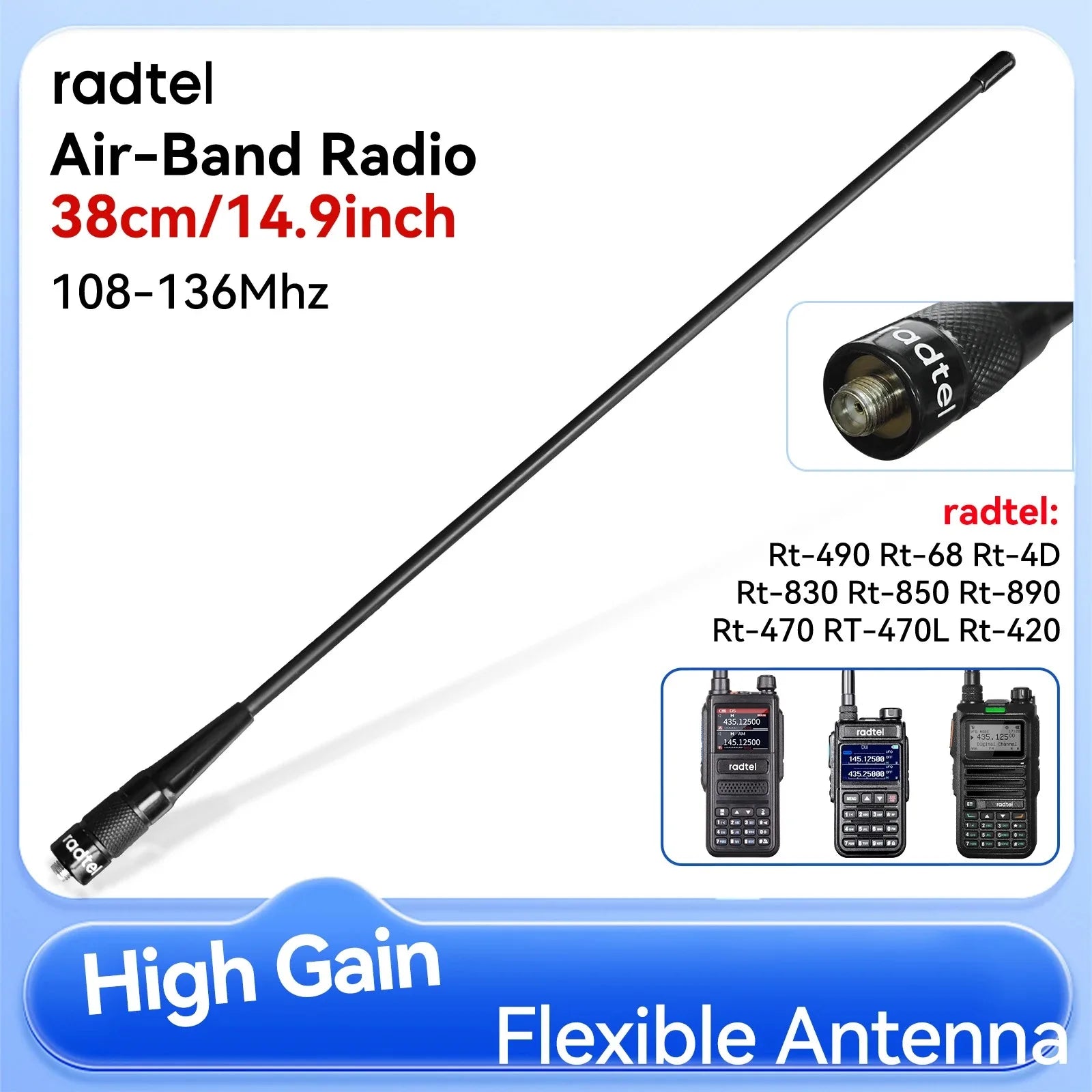 Air Aviation Band Flex Whip Antenna 108-136Mhz for Radtel Rt-4D Rt-470X Rt-900 Rt-860 Rt-890 Rt-470 Rt-920 RT-470L and More