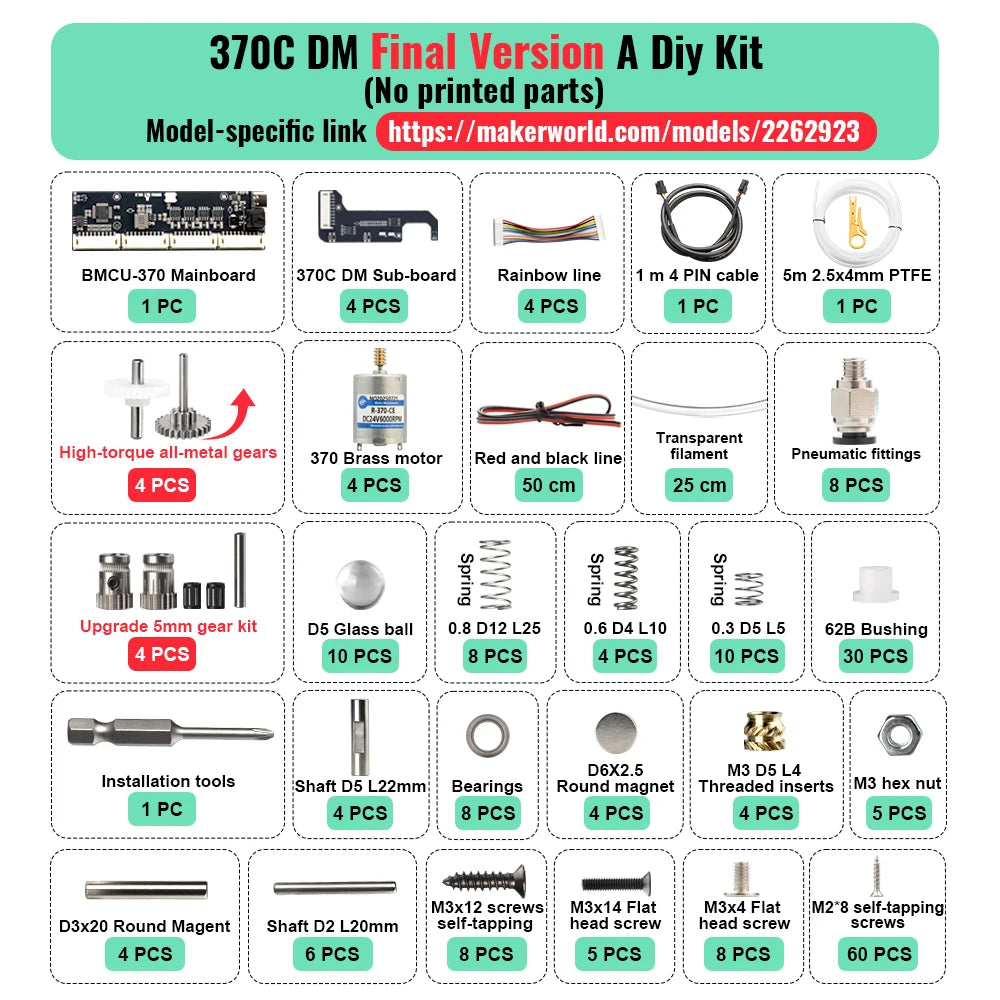 BLV BMCU Final 370C / 370C DM Upgrade Metal Gears, High‑Torque AMS Automatic Feeding MMU Solution for A1, A1 Mini, X1, P1 Series