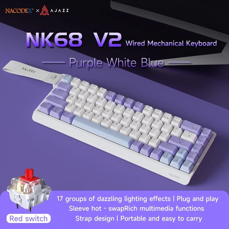 AJAZZ NK68 V2 Wired Mechanical Gaming Keyboard, Red Switch, Full Hot-Swappable, RGB Streamer Light, 68 Keys for Gaming & Office