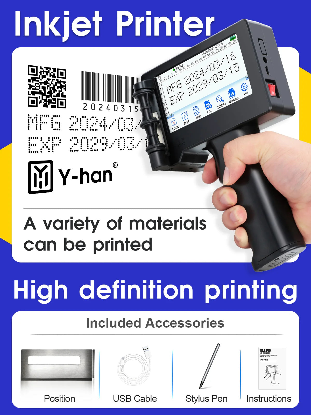 Yhan 12.7mm Portable Inkjet Printer Unencripted for Expiry Date Barcode QR Code Batch Numbers Best Value Logo Printing