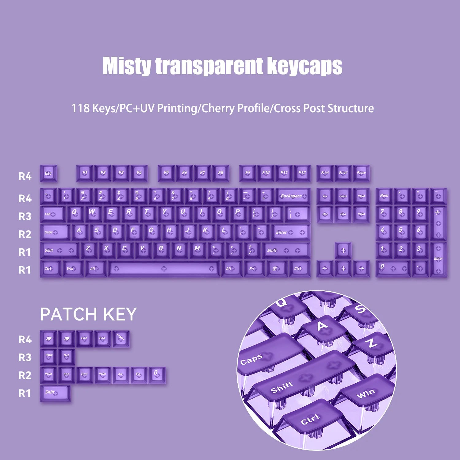 130 Keys Black Full Transparent PC Keycaps UV Printing Clear Crystal Key Caps Cherry Profile for MX Switches Gaming Keyboard