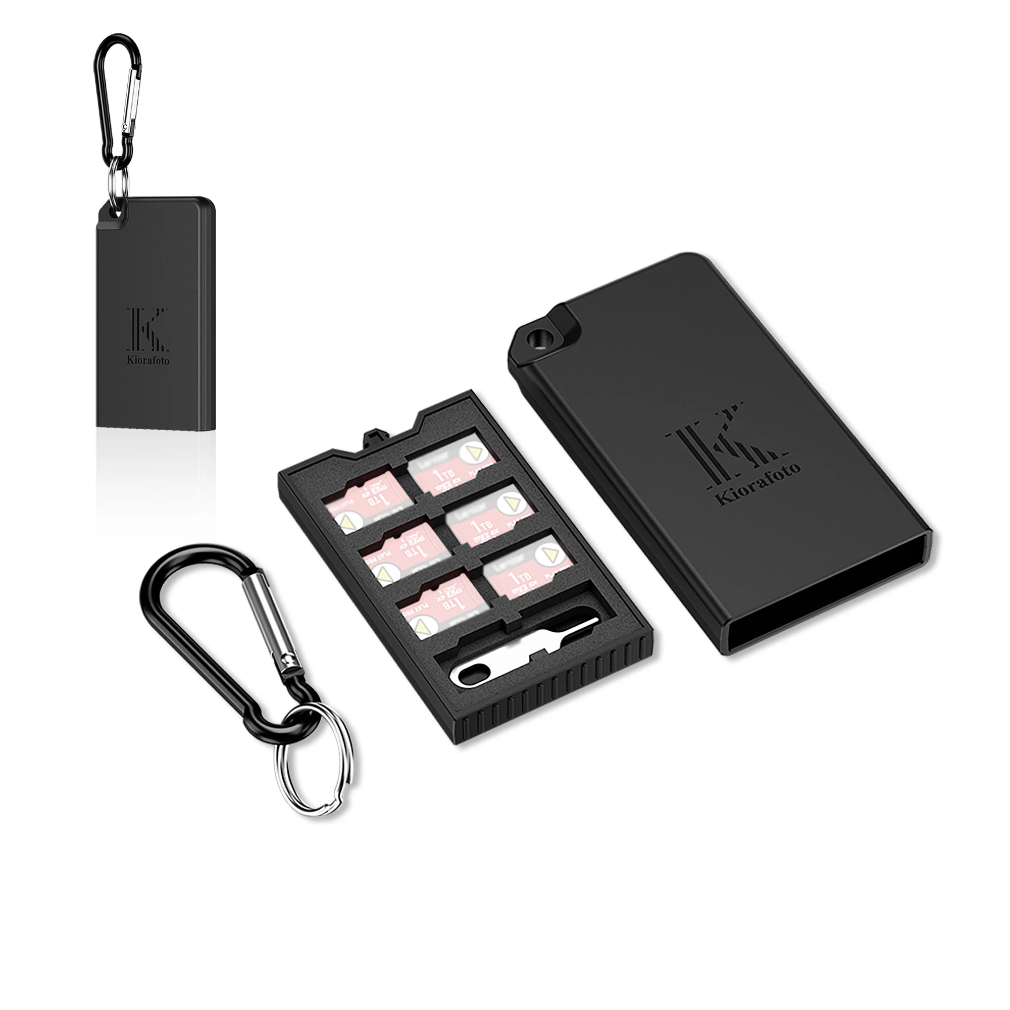 Pop-up Slim TF Memory Card Case Holder for 8 TF MSD Cards with Carabiner, Portable Anti-Shock Splash-proof MicroSD Card Case