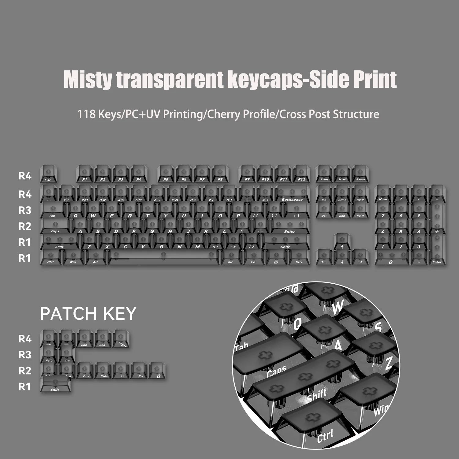 130 Keys Black Full Transparent PC Keycaps UV Printing Clear Crystal Key Caps Cherry Profile for MX Switches Gaming Keyboard